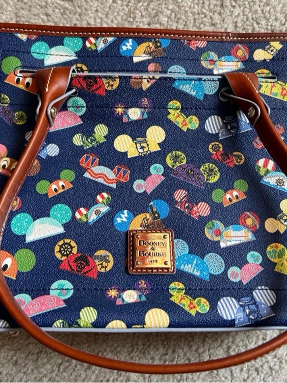Dooney & Bourke Navy Multicolor Mickey Ear Print Tote with Brown Leather Trim